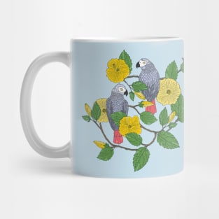 African Grey Parrots and Yellow Flowers Mug